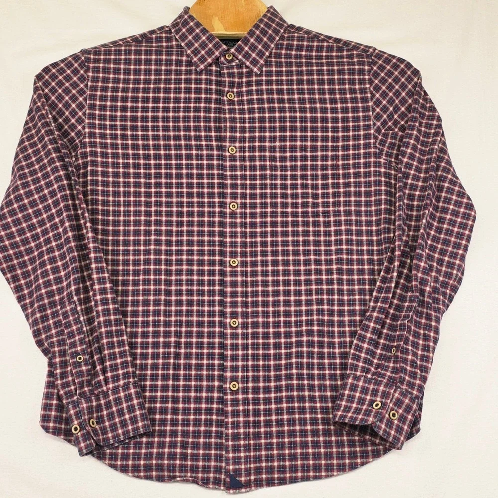 UNTUCKit Button‎ Down Shirt Men's Large Red Navy Plaid Slim Fit Cotton Flannel